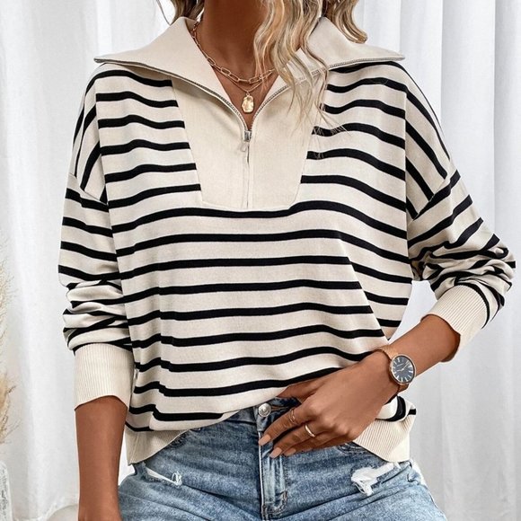 . Sweaters - Casual Womens Striped Pattern Quarter Zip Drop Shoulder Sweater old money